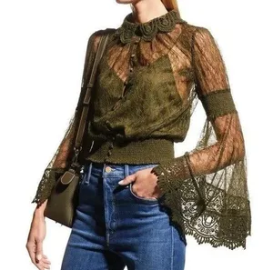 Alice + Olivia Moss Green Bell-Sleeve Crochet Collared Top Boho Fairy Grunge Witchy Ethereal thumbnail 1