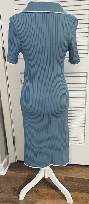 Merokeety Women's V Neck Ribbed Knit Midi Dress Short Sleeve Button Elegant Bodycon Sweater Dress thumbnail 5
