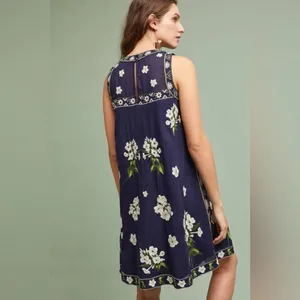 Anthropologie Maeve Rosa Cotton Blue Embroidered Swing Dress - size 0 sold out! thumbnail 3
