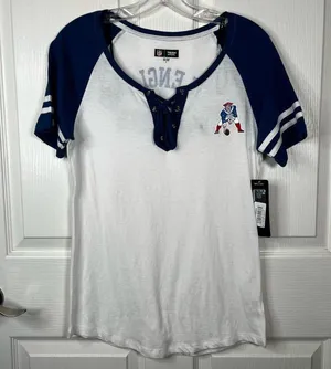 NFL New England Patriots White Blue Lace Up Vneck Tshirt thumbnail 1