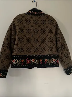 Scandinavian Wool Cardigan Small Brown Floral Embroidered Cottagecore Nordic thumbnail 6