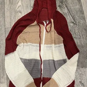 NWOT UNISEX Maroon‎ Hooded Sweater Full Zip Up Maroon Tan White Gray Jacket thumbnail 1
