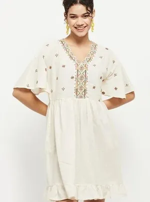 Max Women Cream Cotton Boho Embroidered V-Neck Ruffle Hem Mini Dress thumbnail 1