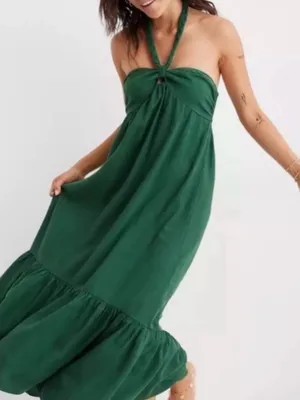 Aerie Ruffle Linen Lyocell Blend Midi Dress in Green Size Medium thumbnail 1