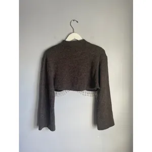 Zara Brown Cropped Knit Sweater Rhinestone Fringe Mock Neck Long Sleeve Medium thumbnail 2