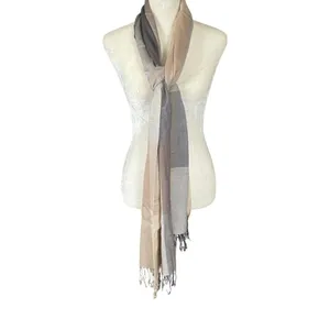 Neutral colored women's rectangle scarf wrap shawl with fringed edges thumbnail 2