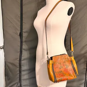Vintage Leather Women's Purse Floral Embossed Crossbody Bag Small Shoulder Brown thumbnail 6