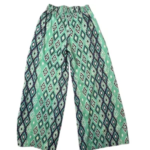 BOHO Wide Leg Palazzo‎ Pants Size S Green Geometric Smocked Waist Festival Flowy thumbnail 3