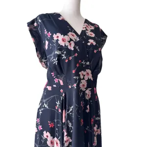 Eliza J Navy Blue Floral Print Cap Sleeve V-Neck High Low Maxi Dress thumbnail 5