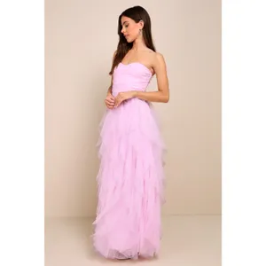 Lulus Delightful Beauty Pink Mesh Strapless Ruched Ruffled Maxi Dress Small NWT thumbnail 3