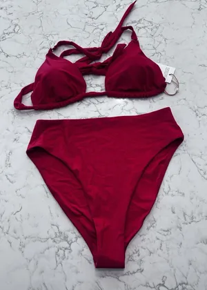 New Quince Cherry Red Italian Triangle Full Coverage Bikini Top High Leg Bottom thumbnail 1