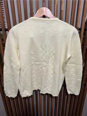 Vintage Handmade Butter Yellow Diamond Pointelle Cardigan Sweater Scalloped Hem thumbnail 7