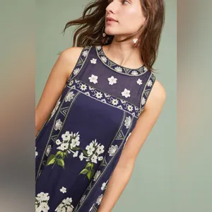 Anthropologie Maeve Rosa Cotton Blue Embroidered Swing Dress - size 0 sold out! thumbnail 2