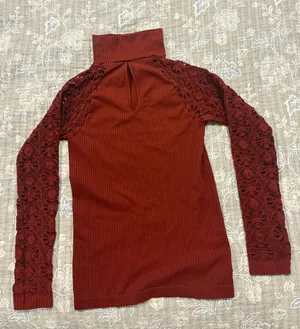 Free People Women’s Long Sleeve Ribbed Turtleneck with Lace Sleeves - Rust thumbnail 1