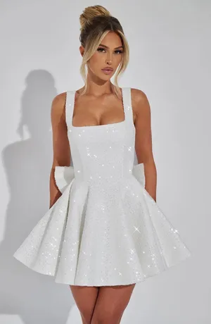 NWT Babyboo Dorothy Ivory Sequin Bow Square Neck Fit & Flare Mini Dress Size XS thumbnail 1