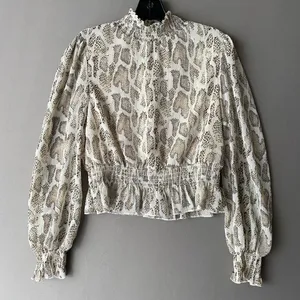 Lucy Paris‎ Snakeskin MobWife Office Siren Smocked Peplum Blouse S Cream thumbnail 1