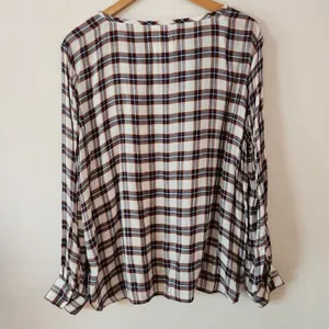 LOFT Autumn Plaid Blouse Softened Roll Tab Sleeve Crew Neck Cream Brown Rayon L thumbnail 2