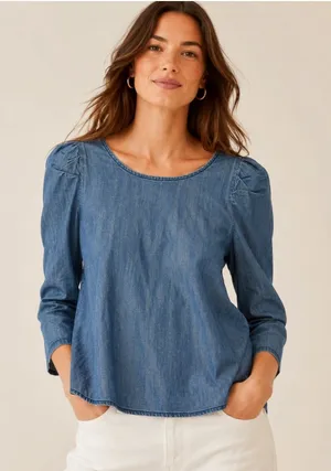 The Great. $225 Woman’s 1 Small Denim Puff Sleeve Boho Pleasant Blouse Top thumbnail 1