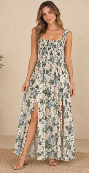 Agua Bendita Floral Smocked Maxi Dress Blue Green Size Small thumbnail 1