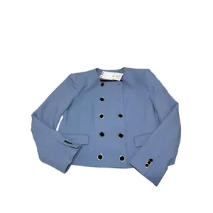 Zara NWT‎ Cropped Blazer L Blue Double Breasted Collarless Gold Button Jacket thumbnail 5