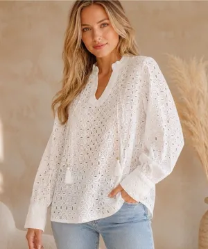 White Eyelet Embroidery Blouse Tassel Tie Boho Peasant Top Size XL Unknown Brand thumbnail 1