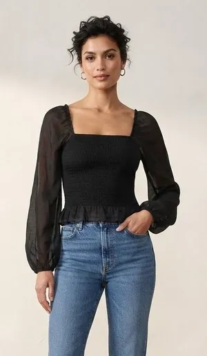 Hollister Womens Top Medium Black Smocked Sheer Long Sleeve Ruffle Hem 340-293 thumbnail 1