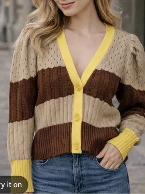Calligraphie V-Neck Striped Knit Cardigan brown stripes with Yellow Trim Sz L thumbnail 1
