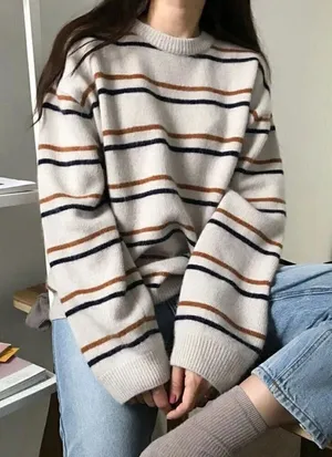 Boutique White‎ & Brown Stripe Crewneck Pullover Sweater M thumbnail 1