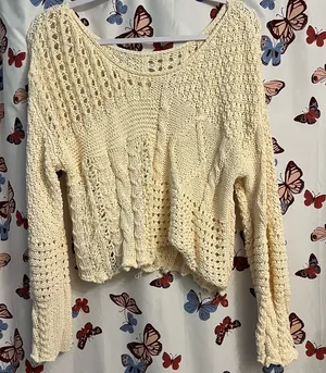 Cream textured Lace Knit sweater thumbnail 1