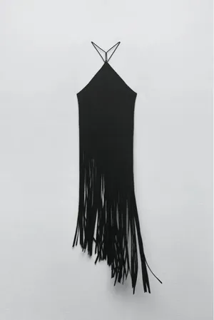 Zara dress ribbed stretchy Black Fringe bohemian summer vacation maxi thumbnail 6