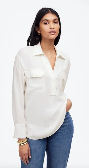 Madewell Contrast Stitch Popover Shirt Blouse Winter White Long Sleeve M NWT thumbnail 1