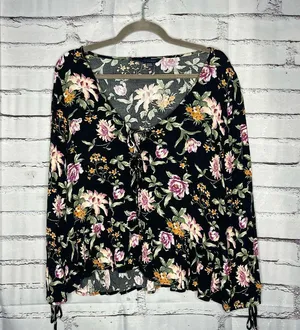 American Eagle Black Floral Tie-Front Blouse M Silky Viscose Resort Casual Top thumbnail 1