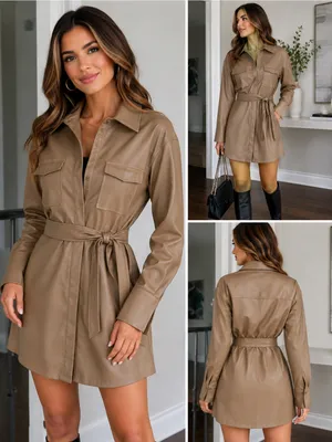 LE LIS Faux Leather Shirt Dress Taupe Tie Waist Mini Dress NWT Small thumbnail 2