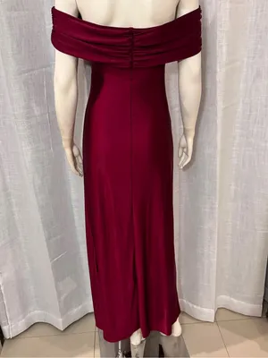 Off Shoulder Satin Maxi Dress Burgundy Pleated Ruched Front Slit Gown S thumbnail 4