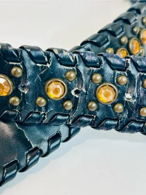 Western Rhinestone Whipstitch Belt with Orange Stones and Black Faux Leather thumbnail 10