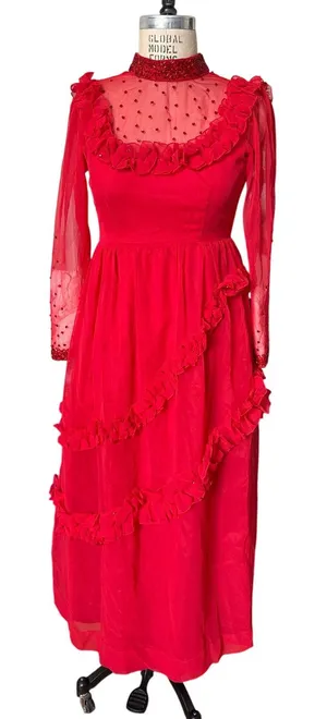 Vintage Red Ruffle & Crystal Embellished Long Sheer Dress Size Small thumbnail 1