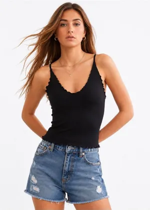 Free People Easy To Love Cami Black Ribbed Tank Top M/L Seamless Stretch Boho thumbnail 1