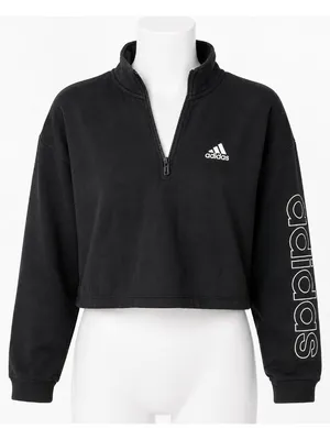 Adidas Womens M Cropped Quarter Zip Sweatshirt Black Logo Sleeve Pullover thumbnail 1