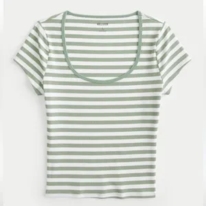 Hollister Ribbed Seamless Fabric Scoop Baby Tee Size Small Green White Stripes thumbnail 1