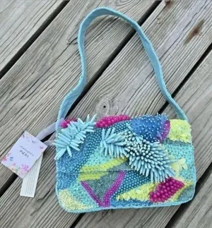 Handcrafted in India Beaded Coastal Coral Reef Shoulder Handbag Purse Teal Aqua thumbnail 1