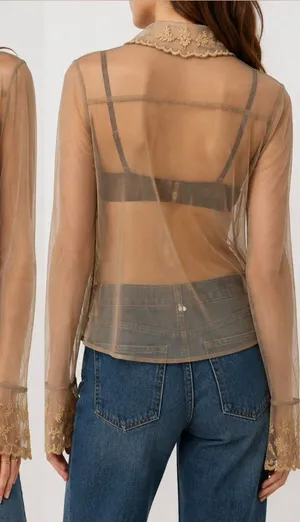 Newport News Vintage Sheer Mesh Blouse Size 8 Embroidered Lace Ruffle Y2K thumbnail 1
