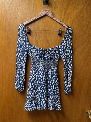 Reformation Rue Long Sleeve Mini Dress Crepe Spotted Lolita Blue White 0 thumbnail 15