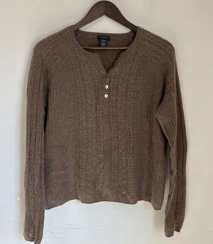 Only Mine Cashmere Sweater Womens XL Brown Cable Knit Henley 2-Ply Soft Pullover thumbnail 1