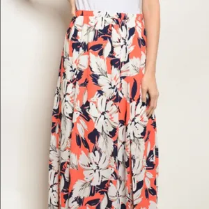 Floral Maxi Skirt Coral Navy High Waist Elastic Waist Side Slit Size Small thumbnail 3