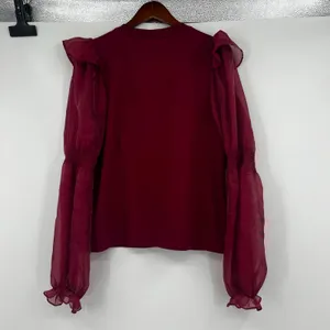 Anthropologie Ruffled Puff sheer Sleeve Blouse deep red romantic Victorian large thumbnail 6