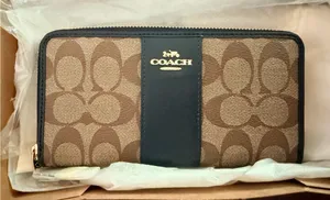 Coach Brown Signature Zip-Around Wallet with Black Leather Trim thumbnail 1
