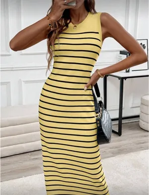 Yellow Striped Sleeveless Women Dress thumbnail 3
