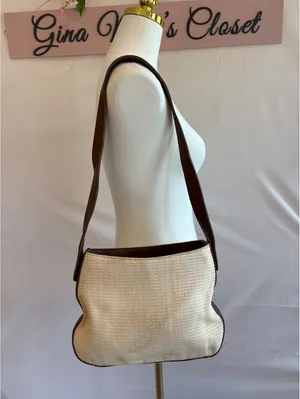 Etienne Aigner Beige Woven Shoulder Bag with Brown Leather Trim and Gold-tone Cl thumbnail 2
