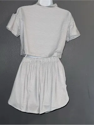 Women’s Matching Pajama Set Short Sleeve Top & Shorts Grey/White Medium thumbnail 7