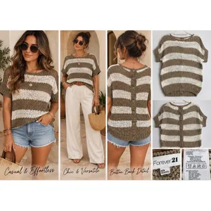 Forever 21 Women Brown White Striped Open Knit Button Back Sweater Medium thumbnail 2
